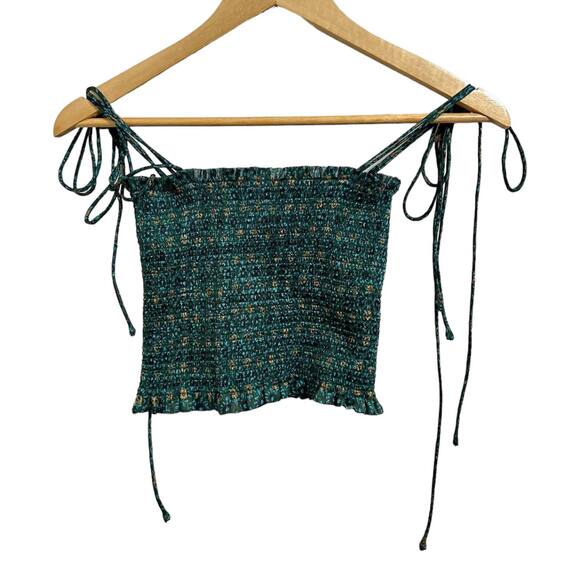 Reset The Sailor Green Combo Floral Smocked Tie Cropped Top Size Small #JT517L - Picture 5 of 5